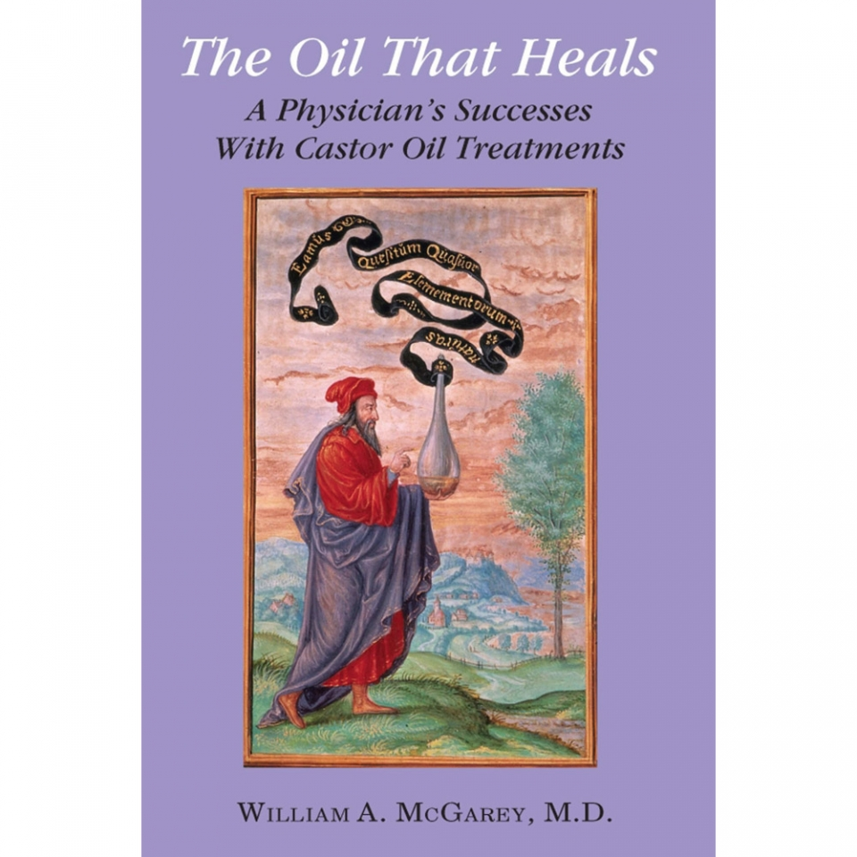 The Oil That Heals Book Purple Cover with White and Black Letters with a illustration of a shepard looking man holding a bottle with ribbon coming out Edgar Cayce Related Baar Products Related