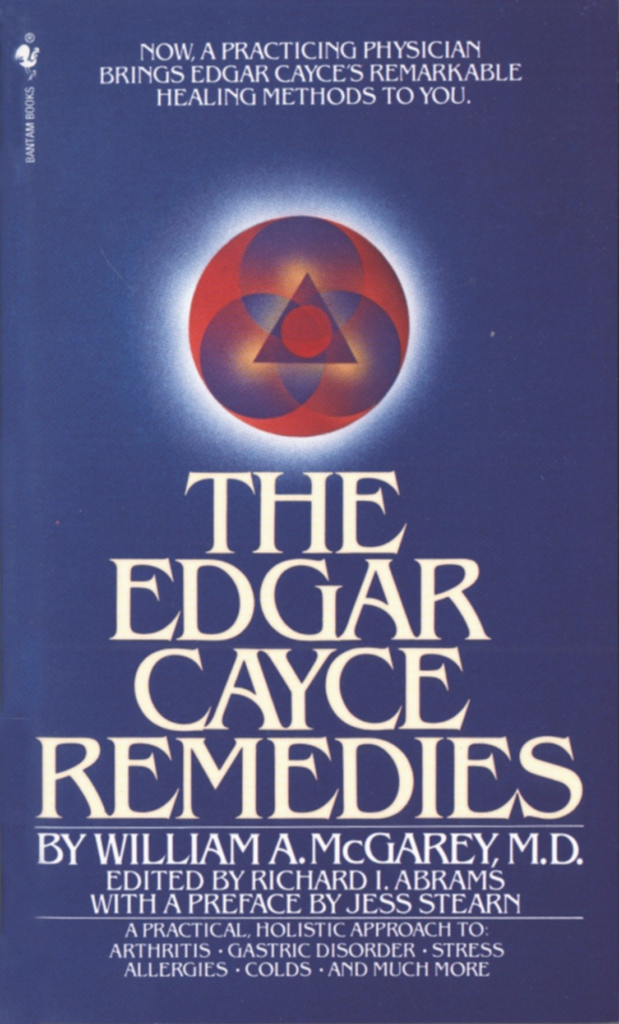 The Edgar Cayce Remedies Book Cover. Blue background with white letters and a sphere with triangular geometric design. Baar Products Related Edgar Cayce Related